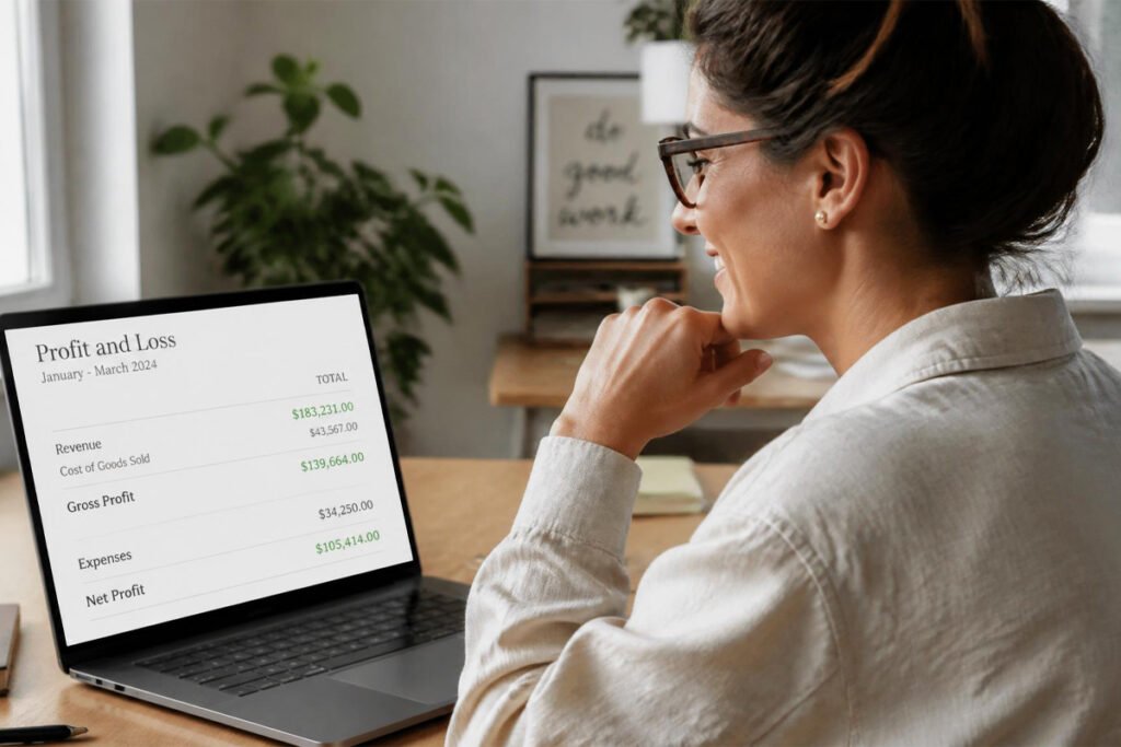 organized small business owner managing finances confidently