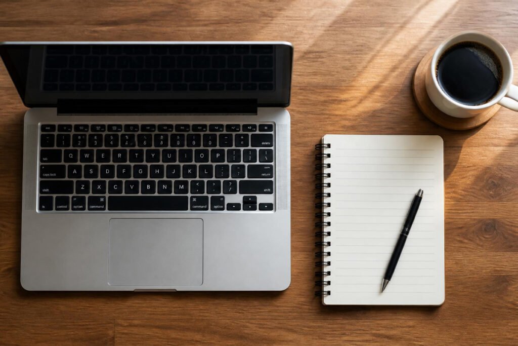 laptop, notebook, and coffee set up for building a business proposal