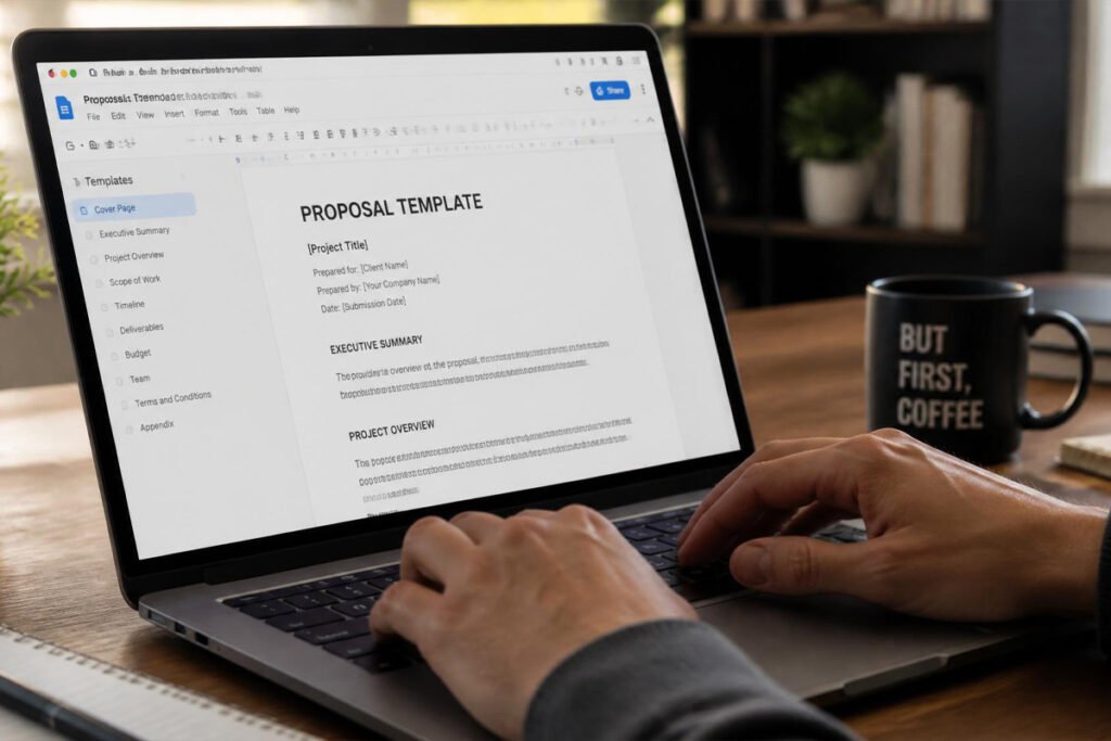 person setting up a proposal template on a laptop