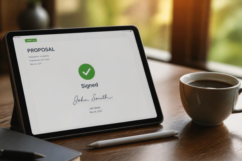 signed business proposal on tablet screen with checkmark