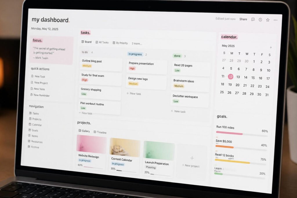 Notion template dashboard digital product example