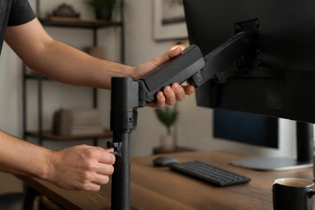 person adjusting monitor arm height at ergonomic desk setup