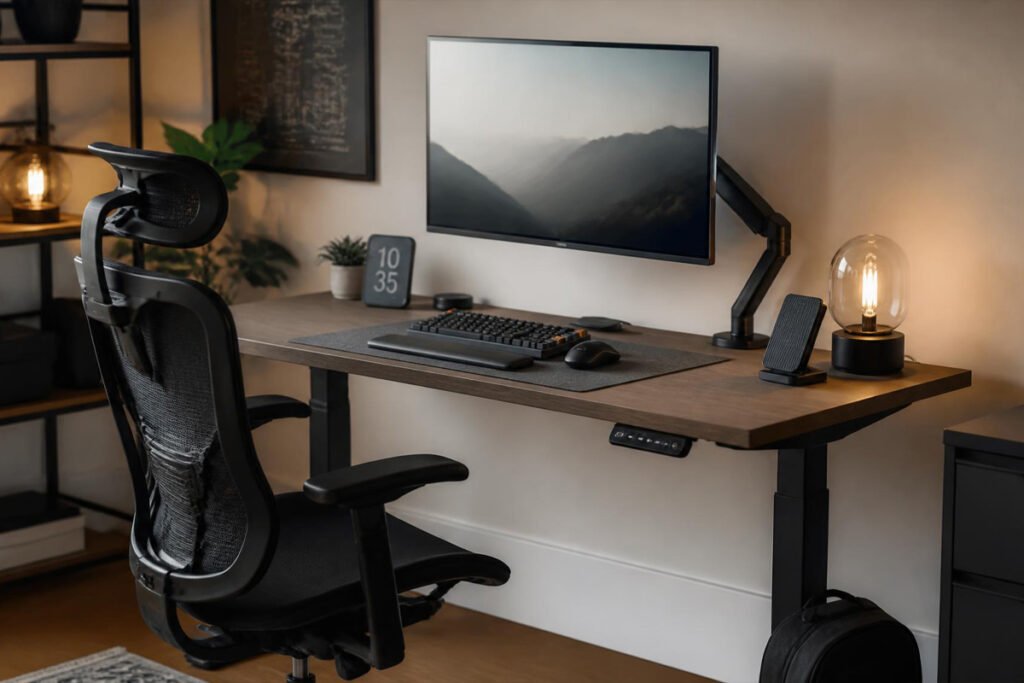 finished organized home office desk setup with monitor arm and clean cables
