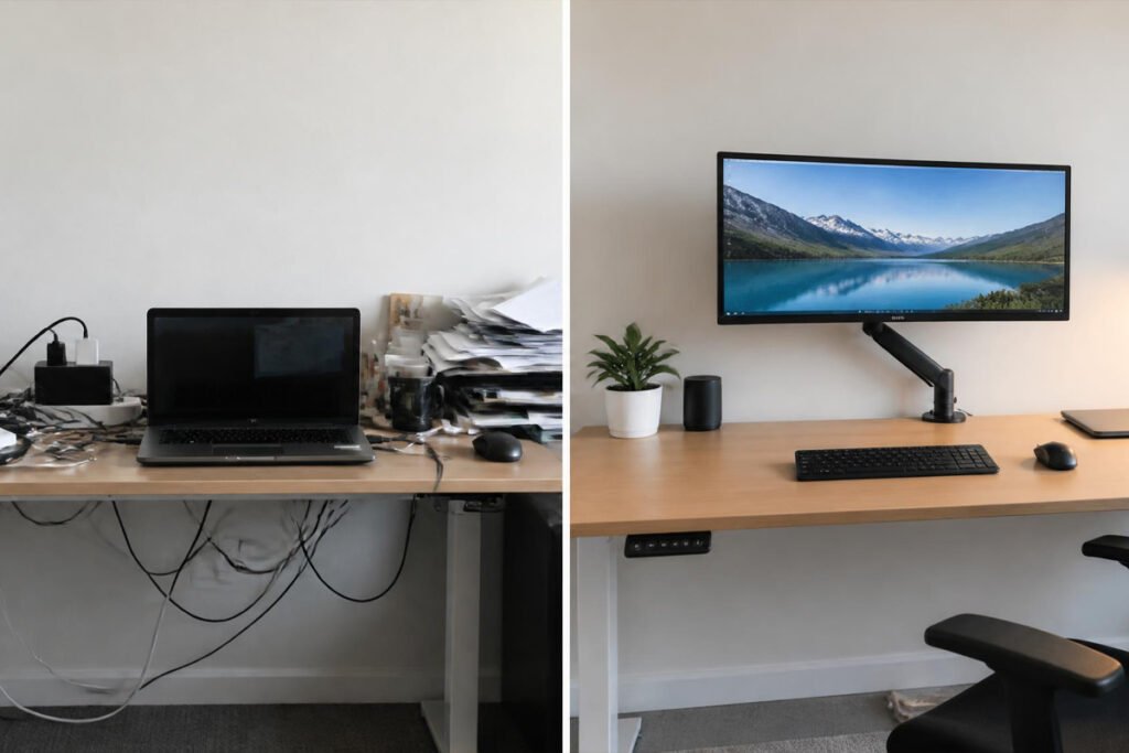 cluttered desk with tangled cables versus organized ergonomic desk setup