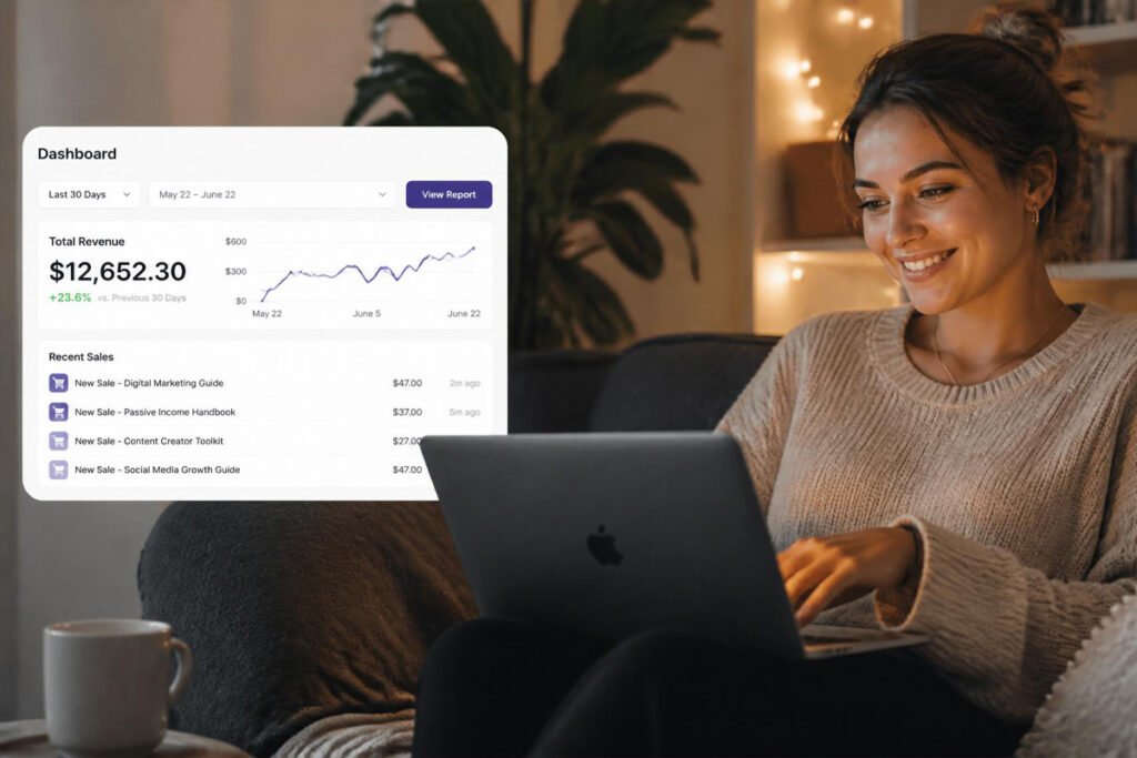 successful digital product seller managing online sales