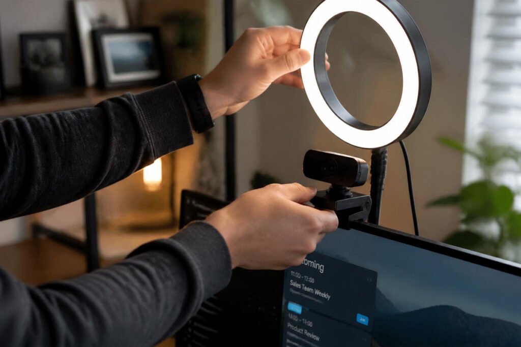 person adjusting webcam and ring light before a client call