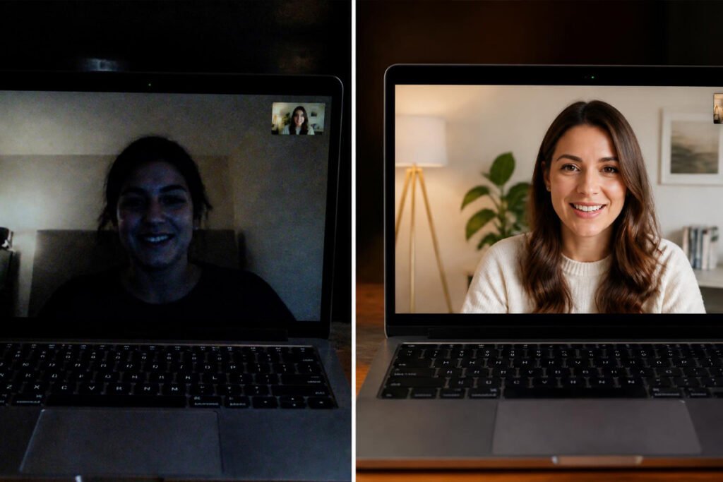 dark grainy video call versus clear well-lit professional video call