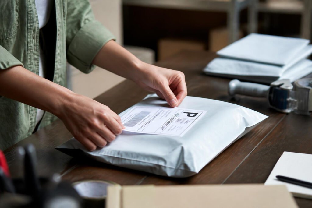 person packing an order with poly mailer and label printer