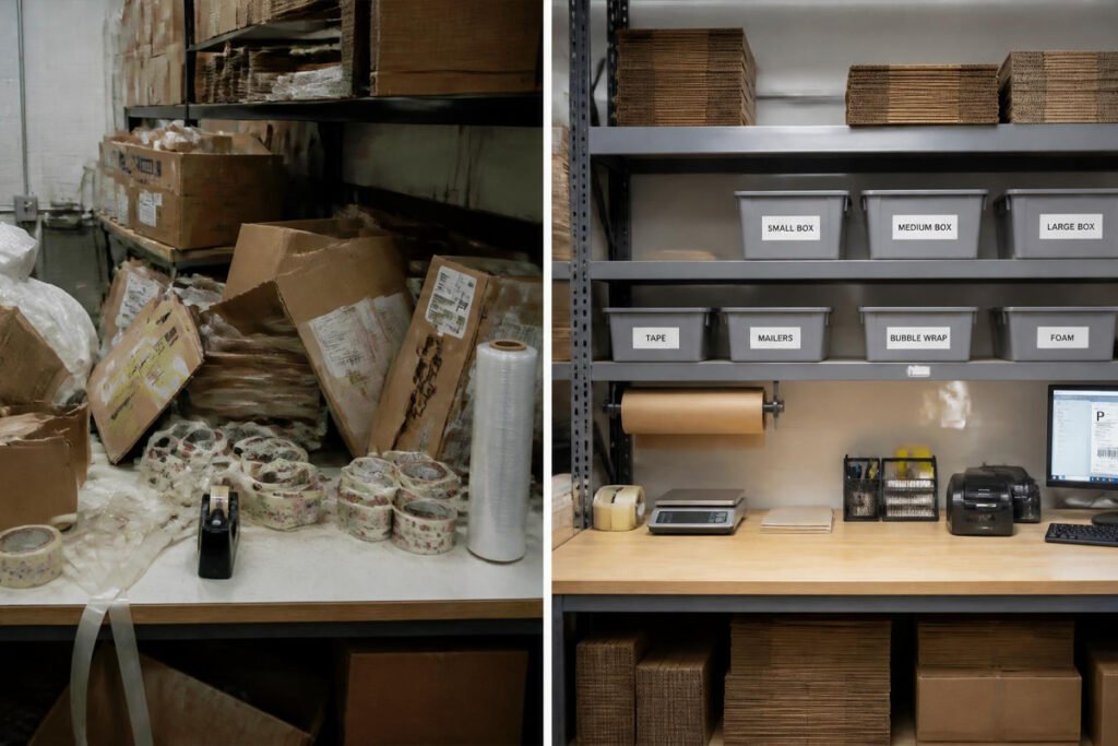messy shipping supplies versus organized packing station