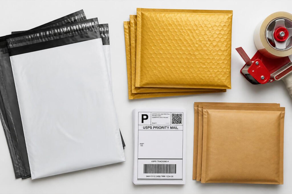 shipping supplies including poly mailers tape and label printer on a table
