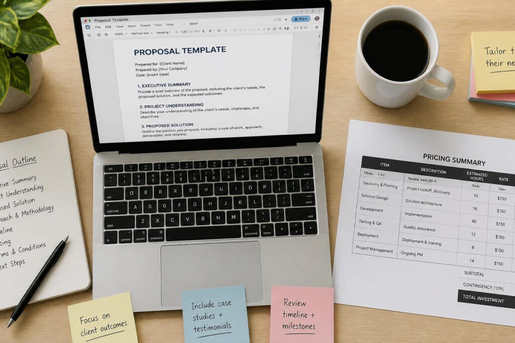 laptop showing business proposal template software tools