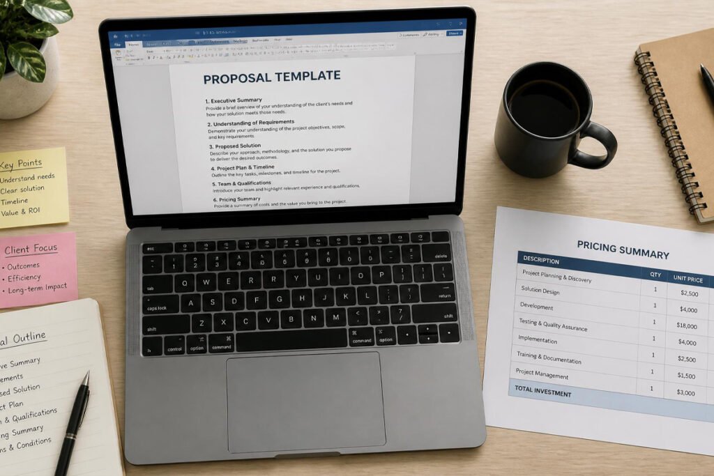 laptop showing business proposal template software tools