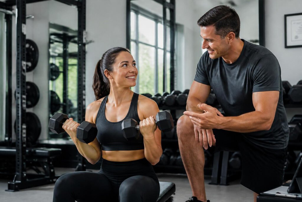 certified insured personal trainer working with a client
