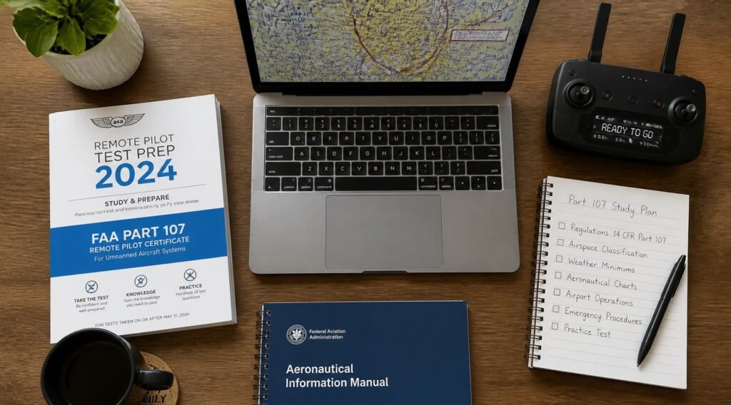 FAA Part 107 test prep materials and drone registration documents