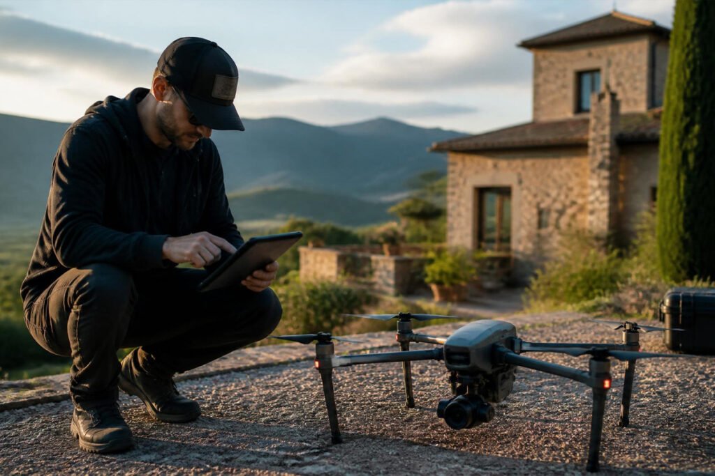 certified drone photographer flying a commercial drone for a real estate client