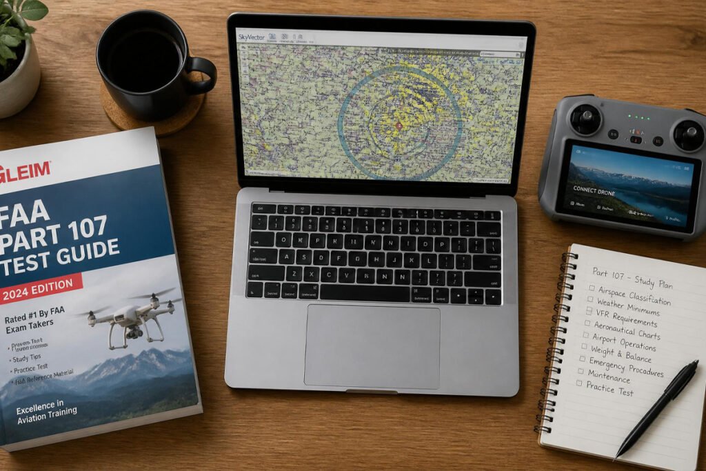 FAA Part 107 test prep materials and drone registration documents