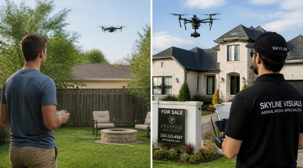 certified drone photographer flying a commercial drone for a real estate client