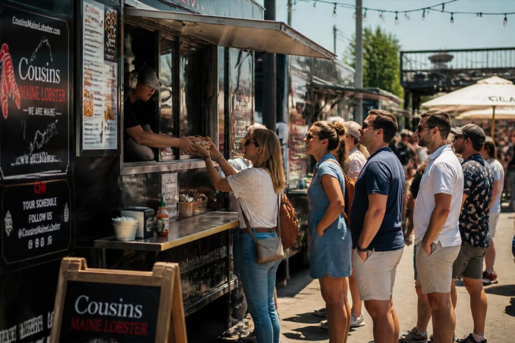 fully licensed food truck serving customers with permits displayed