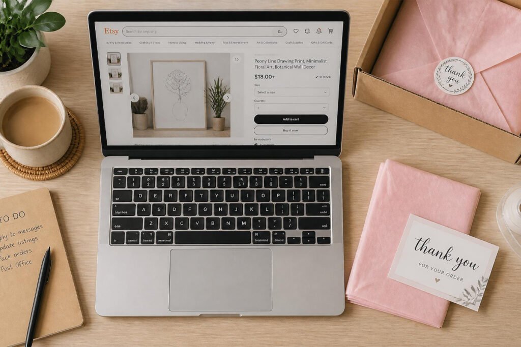 Etsy shop 2026 tools flat lay camera packaging supplies laptop