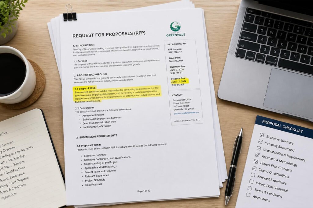 business proposal writing checklist and RFP document