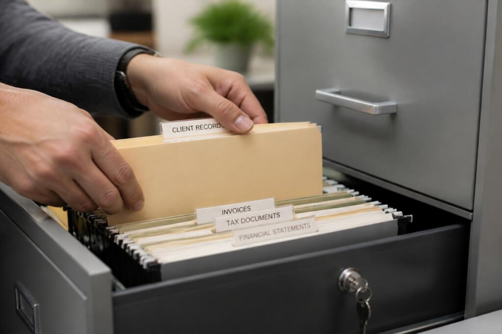 person organizing labeled files into a locking file cabinet