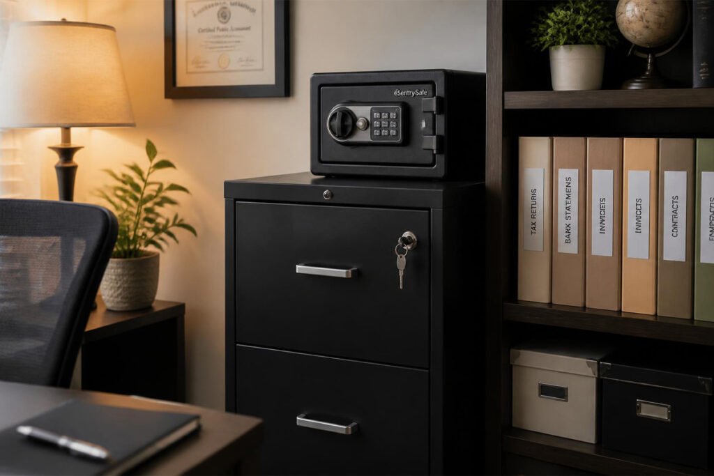organized secure business document storage system with labeled folders