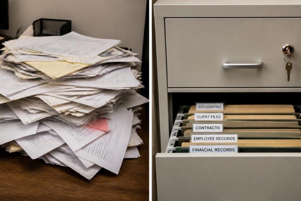 messy pile of unsecured documents versus organized locked filing system