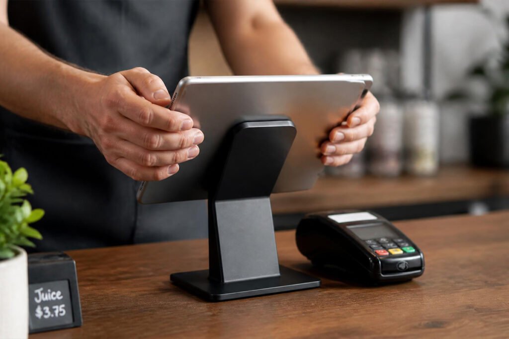 person setting up a tablet stand and card reader at a checkout counter