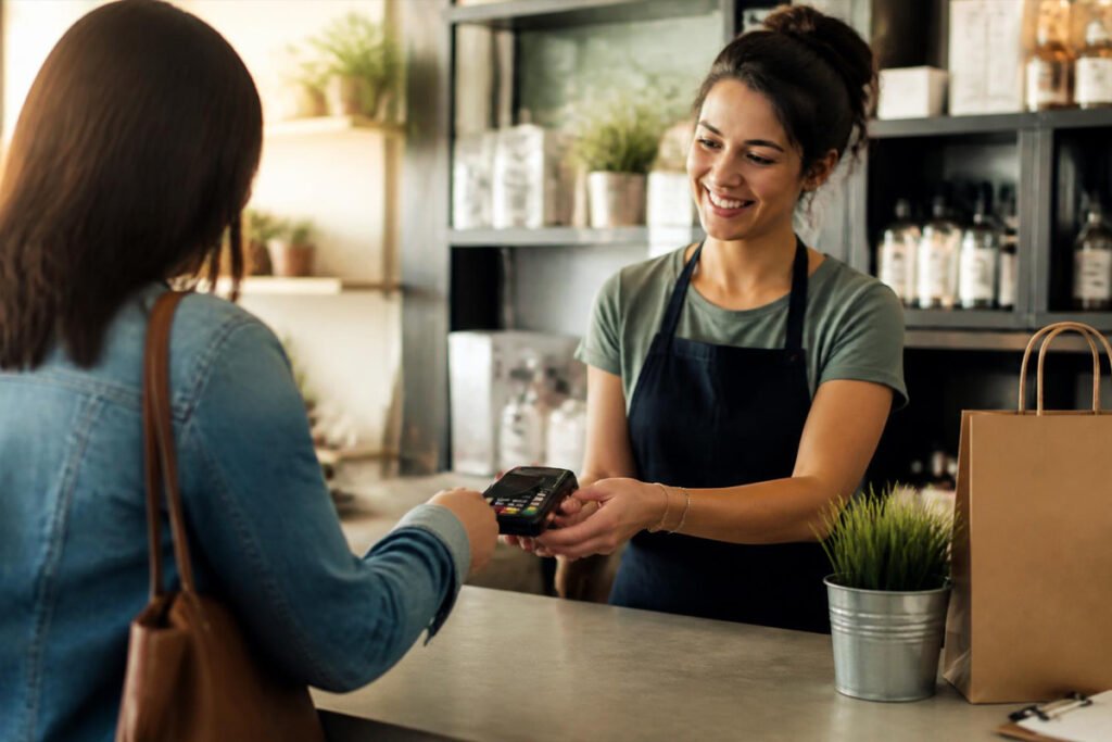 fast organized checkout counter with card reader printer and cash drawer