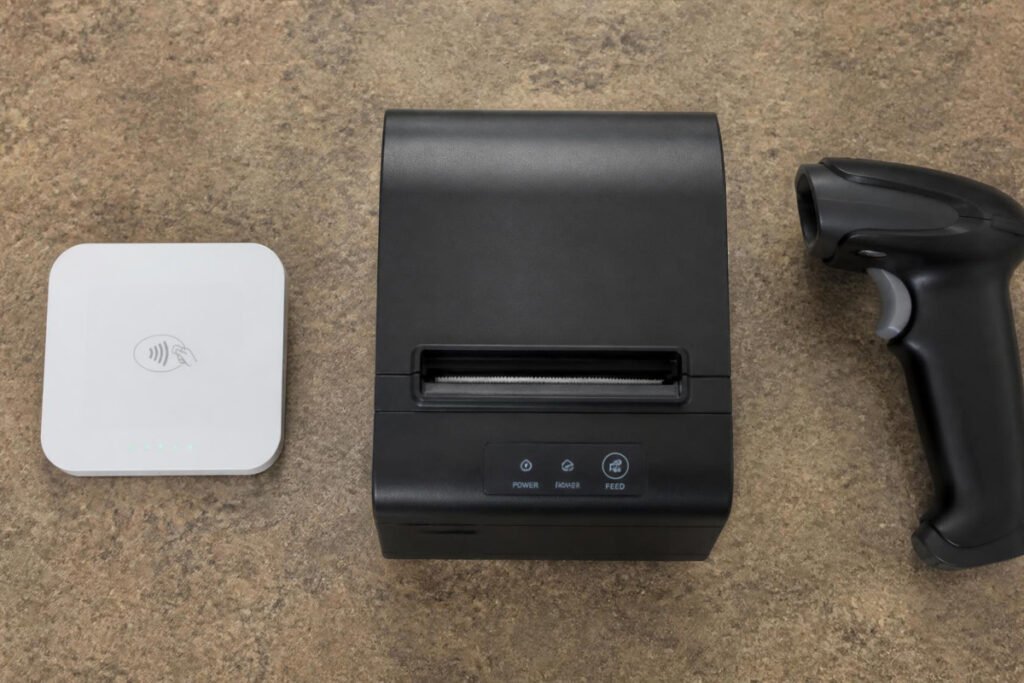card reader receipt printer and cash drawer on a checkout counter