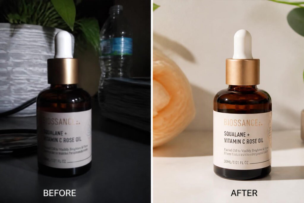 blurry cluttered product photo versus clean professional product photo