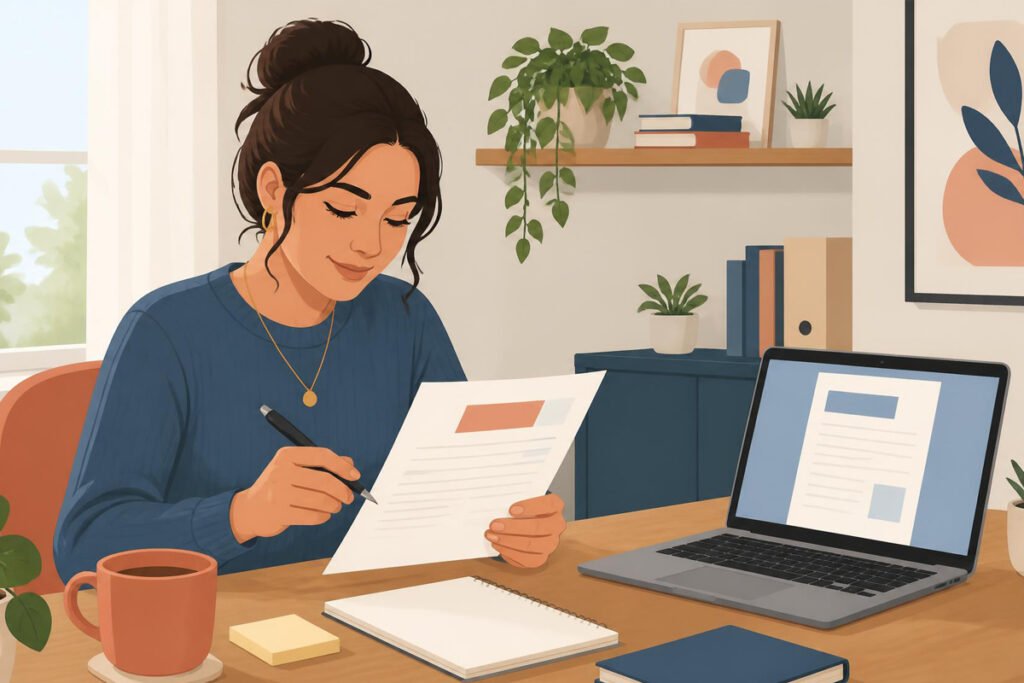Freelancer reviewing business proposal document at desk