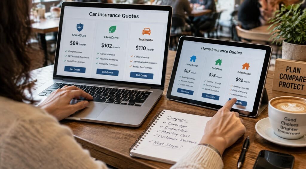 gpt image 2.5 sunburst Hands comparing three insurance quotes on a laptop and tablet side by side at a 0