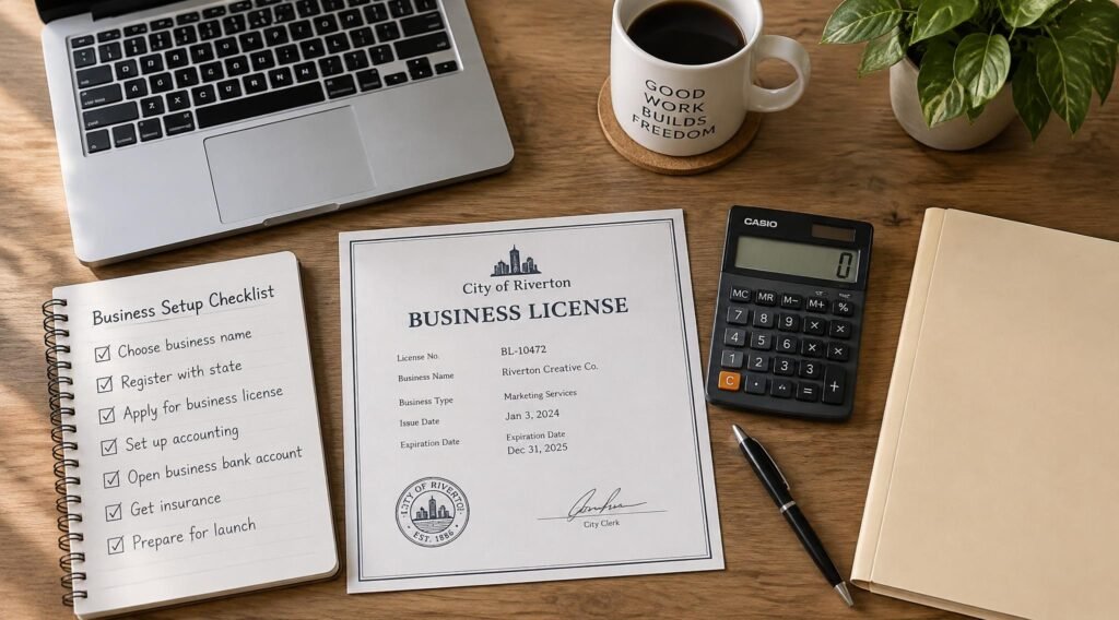 gpt image 2.5 sunburst Overhead flat lay of a laptop notepad with a checklist printed business license 0