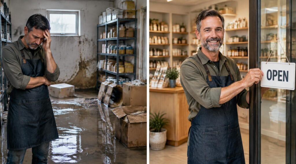 gpt image 2.5 sunburst Split image comparison showing a worried shop owner beside a water damaged store 0