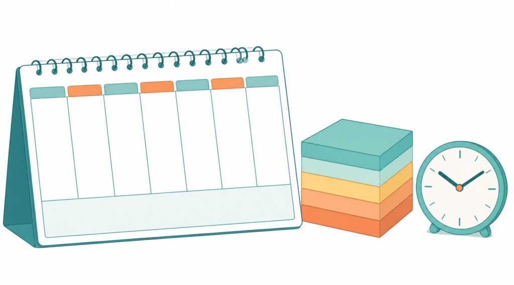 gpt image 2 A minimal illustration of a weekly planner next to a neat stack of color coded n 0