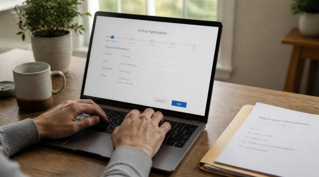 gpt image 2 A persons hands typing an online application on a laptop with a folder of doc 0