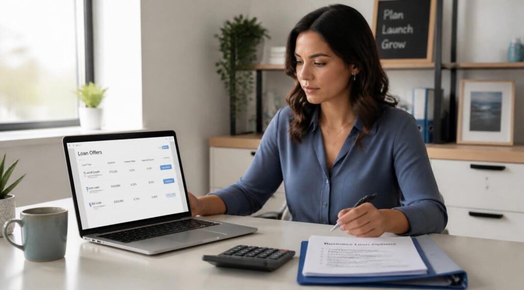 gpt image 2 A small business owner at a bright desk reviewing loan offers on a laptop beside 0