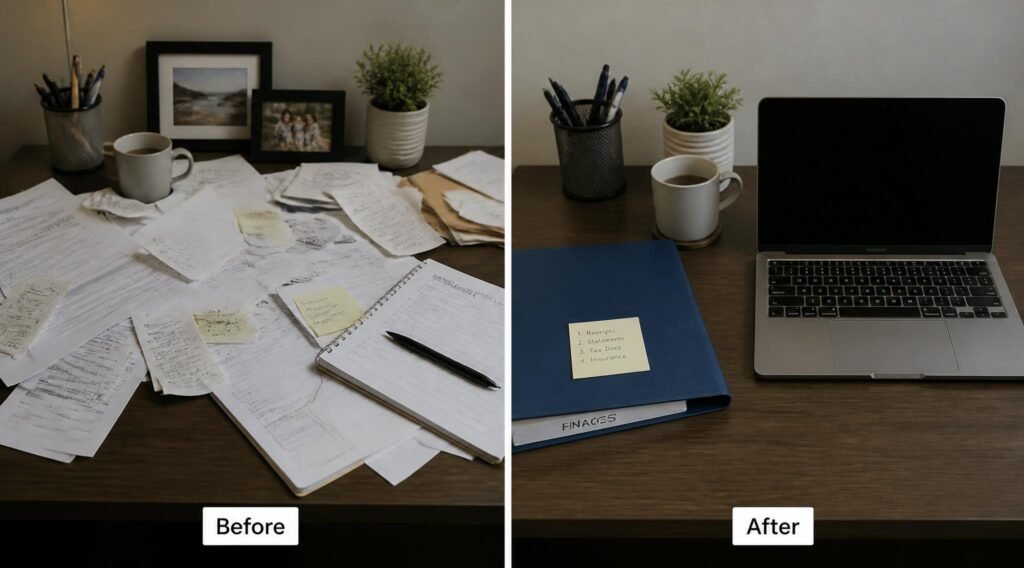 gpt image 2 Split image comparison showing a cluttered desk with scattered papers and receip 0